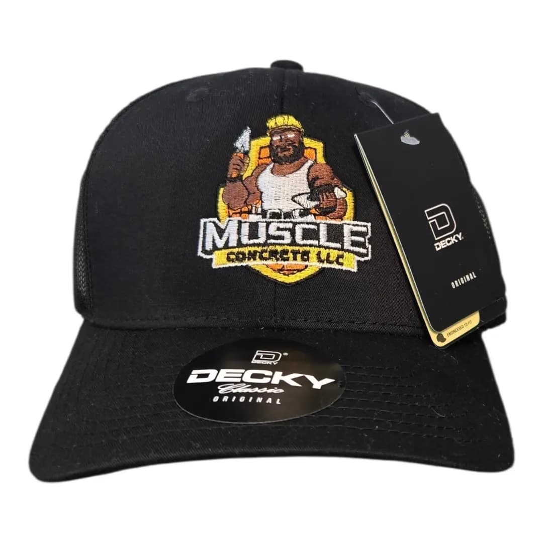 Black trucker hat with the Muscle Concrete LLC logo